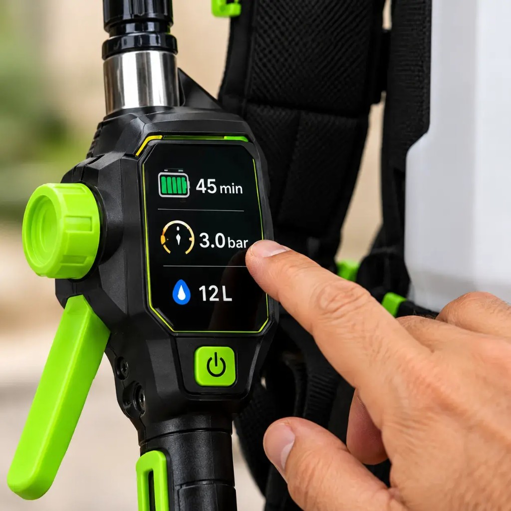 Aquavex backpack sprayer handle with LCD display showing runtime, bar pressure and tank level