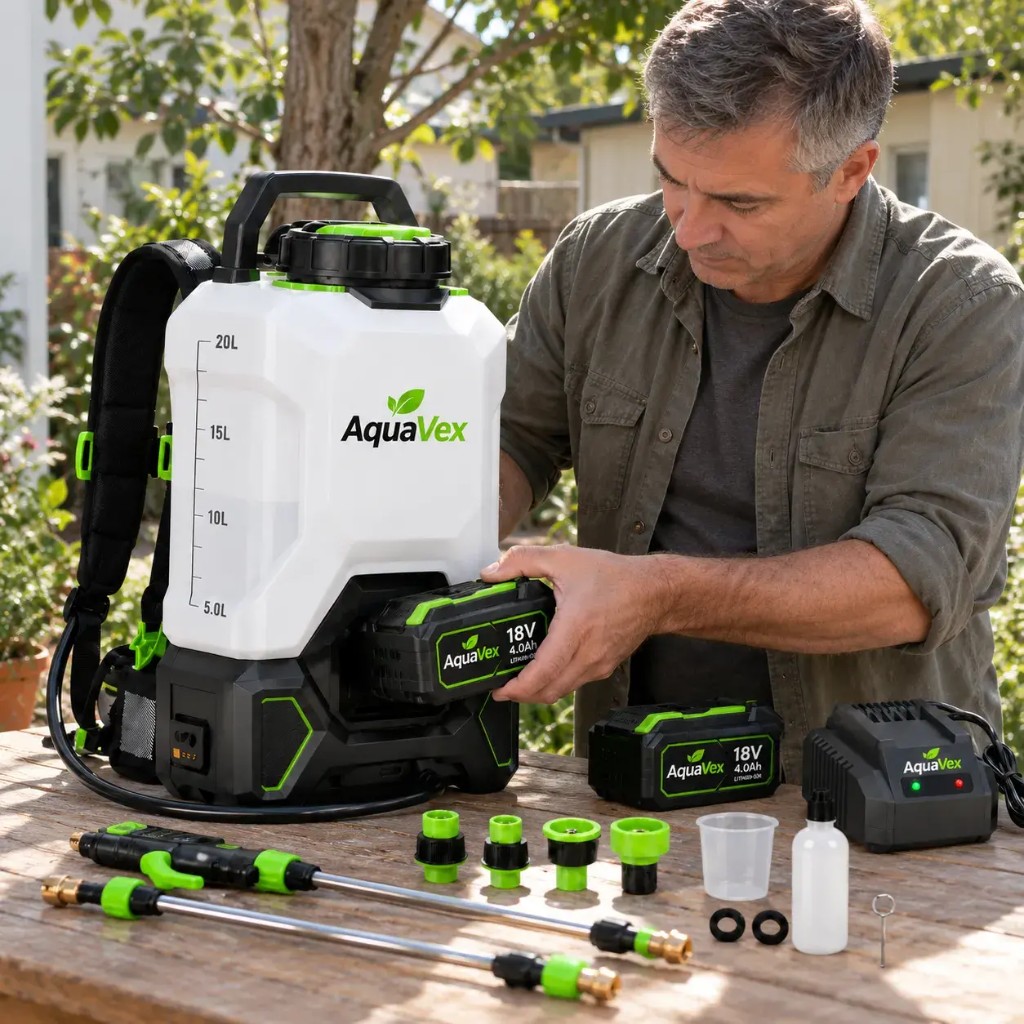 Aquavex backpack sprayer with dual 18V lithium batteries and charger