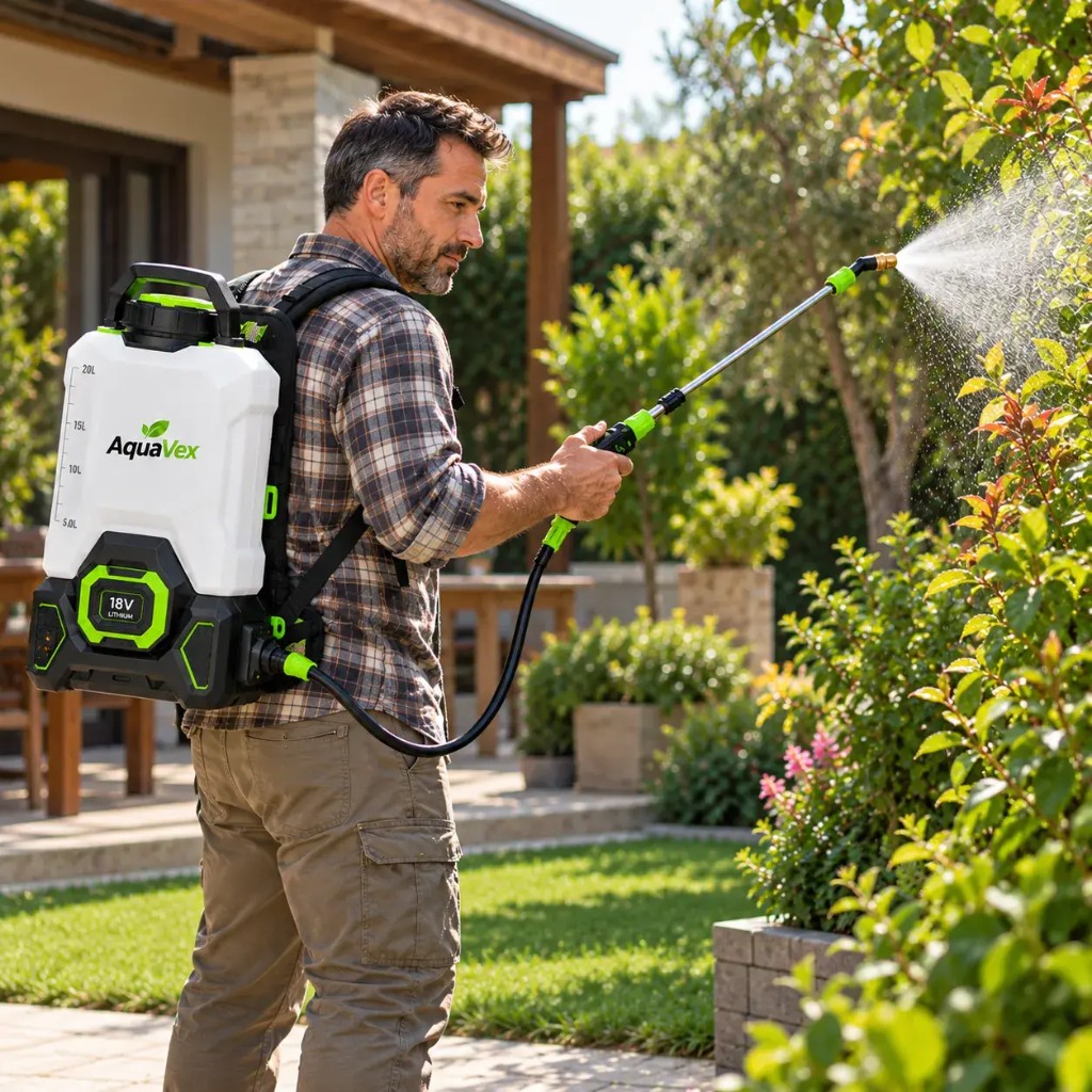 Man spraying shrub with Aquavex telescopic lance and brass nozzle