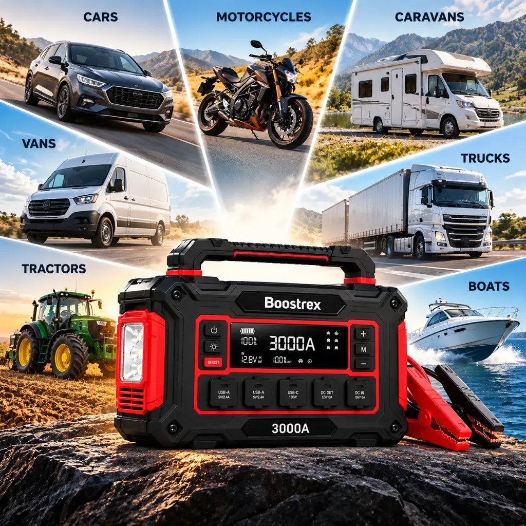 Boostrex 3000A jump starter compatible with cars, motorcycles, caravans, trucks, boats, tractors and vans
