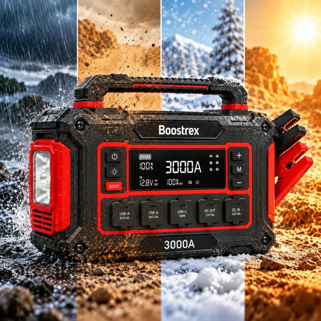 Boostrex 3000A jump starter built for rain, dust, snow and heat — all-weather reliability