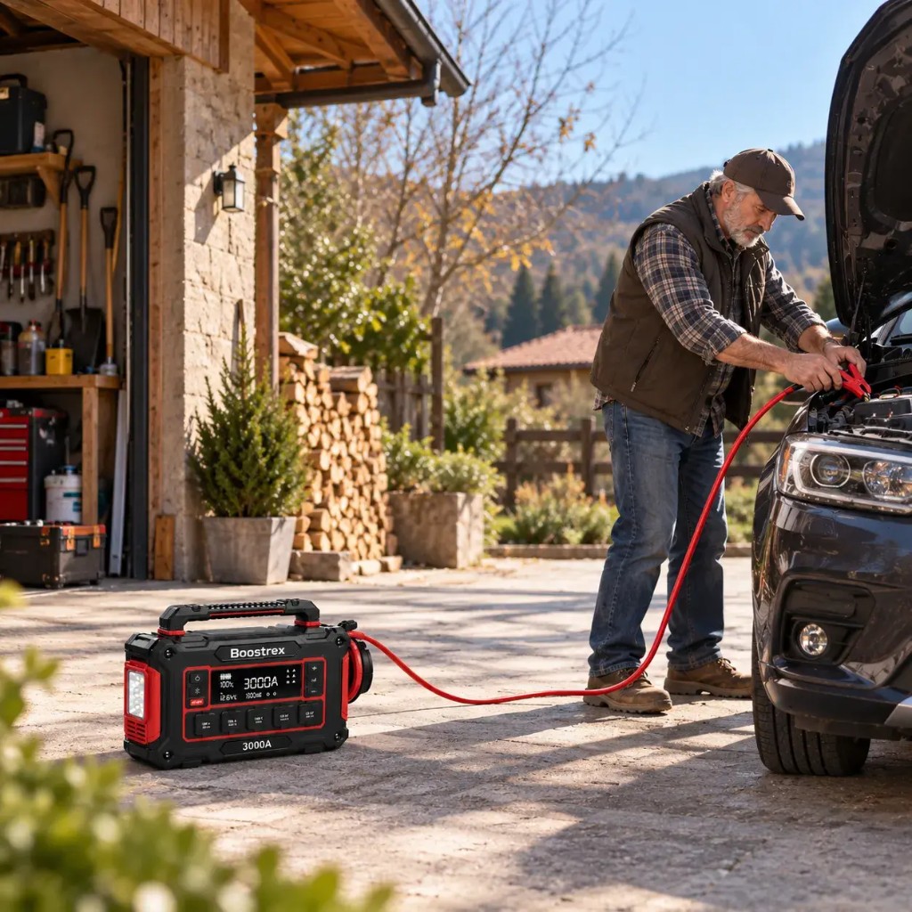 Driver connecting Boostrex 3000A jump starter to a car battery outdoors