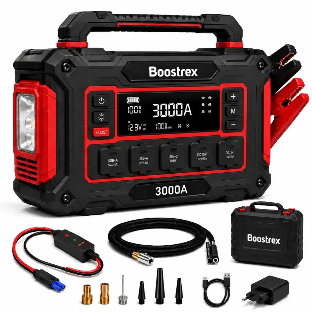 Boostrex 3000A kit on white — unit, smart clamps, air hose, nozzles, cables, charger and case
