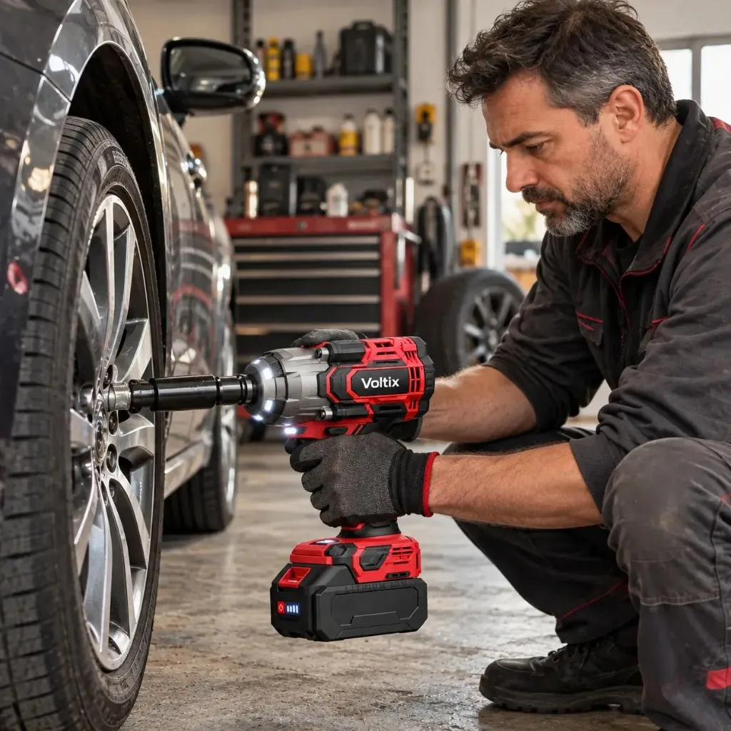 Voltix impact wrench loosening a wheel nut on a car