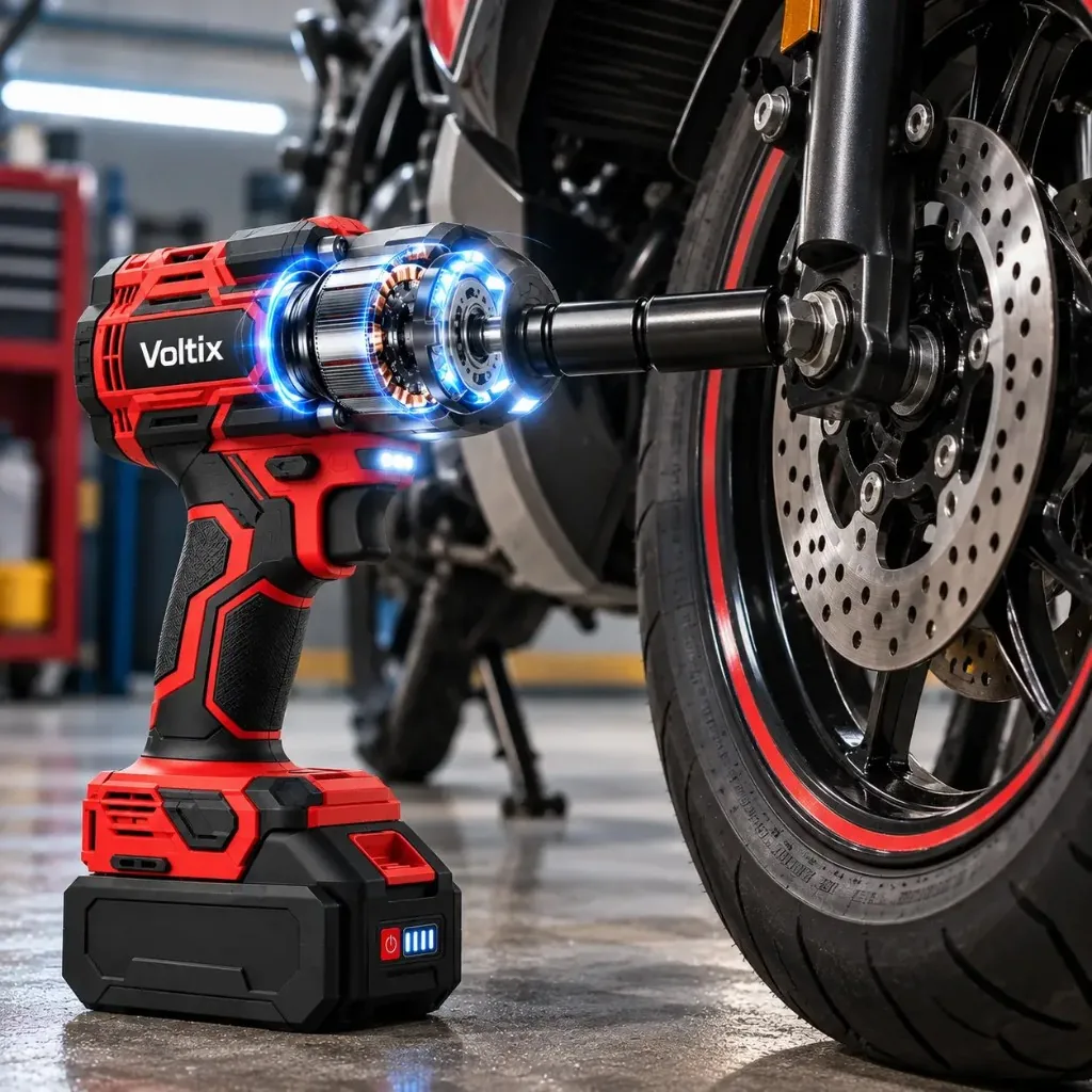 Voltix impact wrench on a motorcycle wheel with brushless motor detail