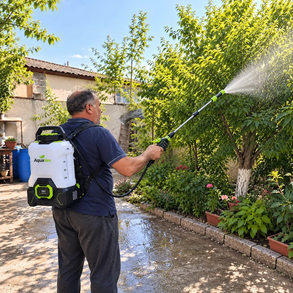 Customer spraying fruit tree with Aquavex backpack sprayer