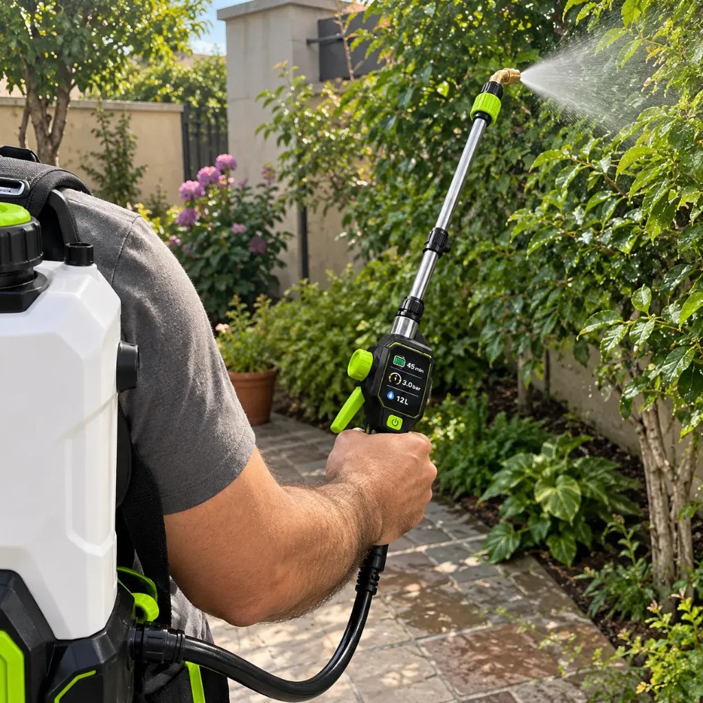 Man spraying garden plants with Aquavex backpack sprayer