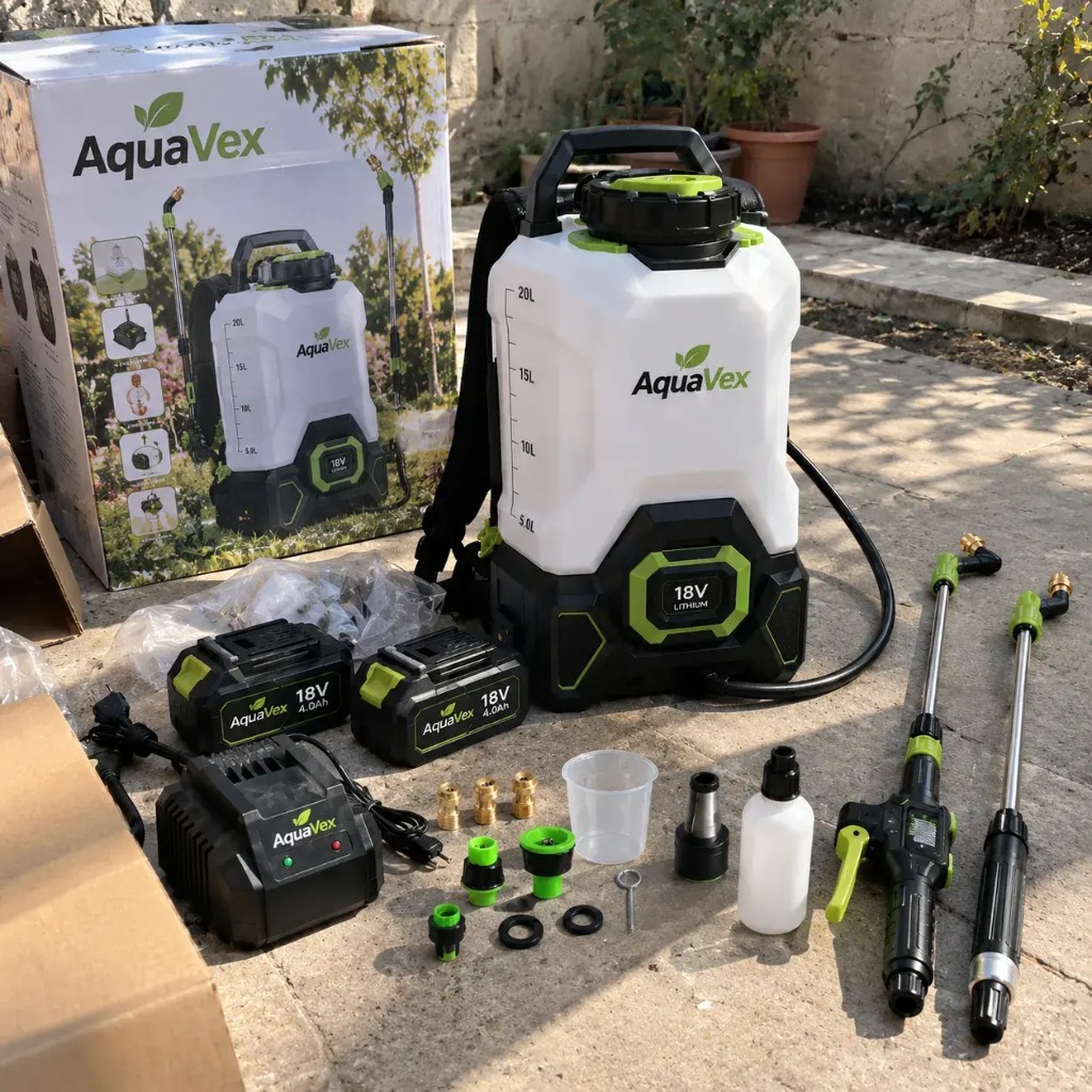 Aquavex 20L sprayer unboxed with batteries, charger and accessories