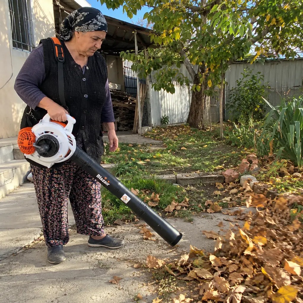 Blazair customer blowing leaves in the yard