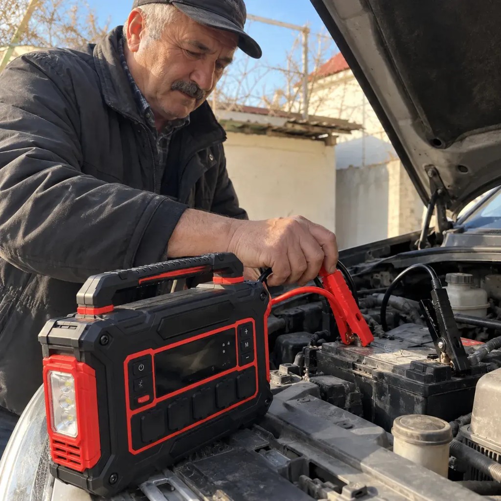 Man connecting Boostrex 3000A jump starter clamps to a car battery outdoors