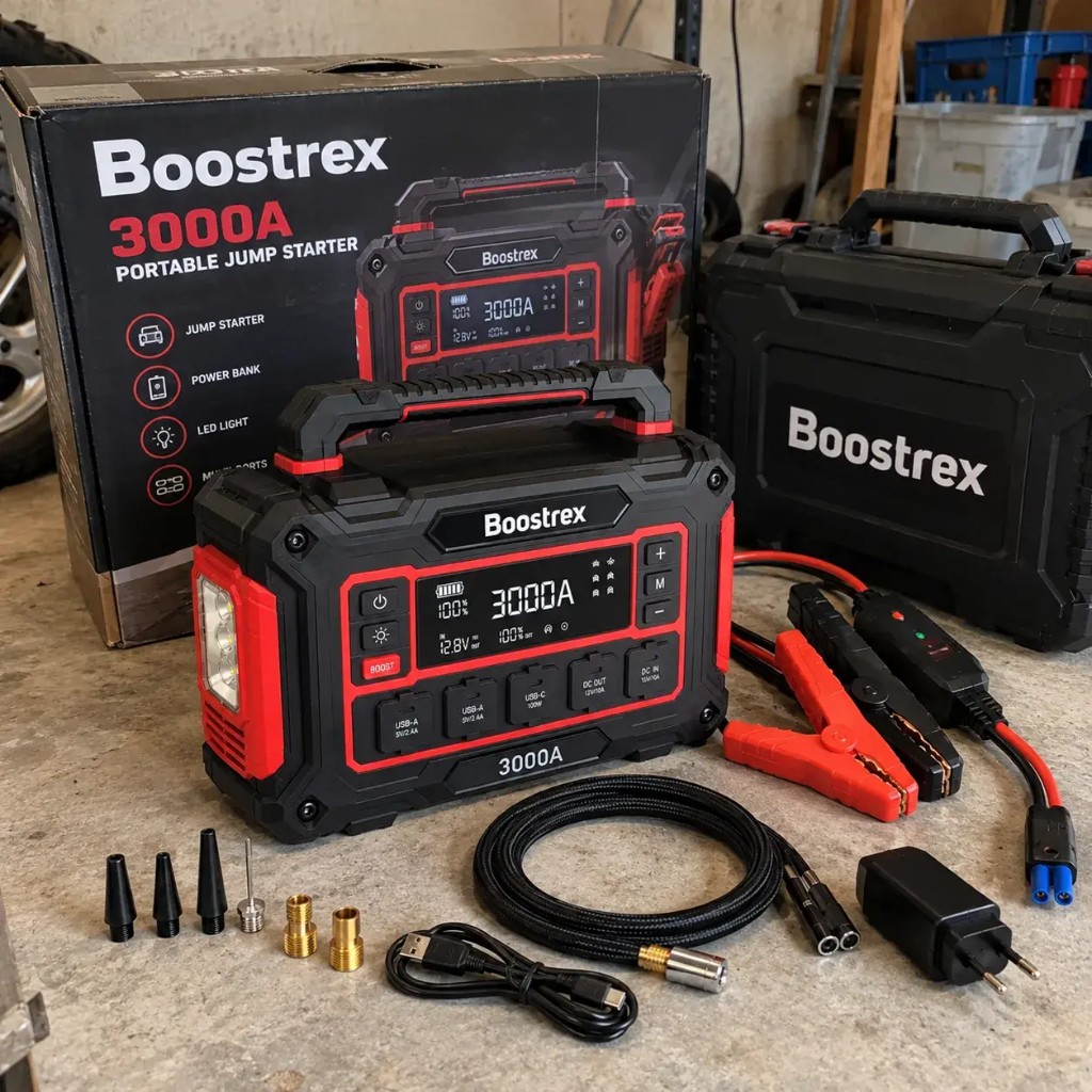 Boostrex 3000A kit with unit, retail box, hard case, smart clamps, air hose and adapters