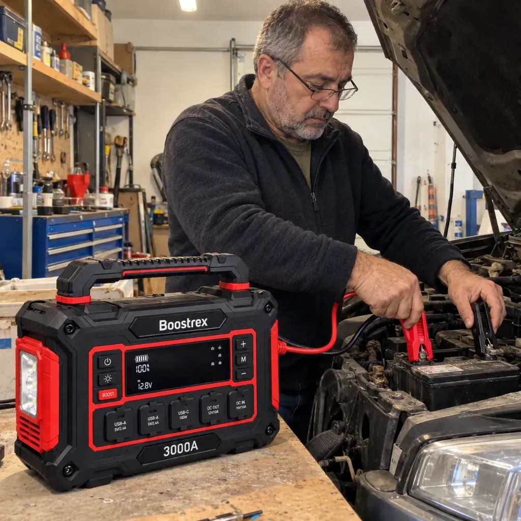 Man in a garage connecting Boostrex 3000A jump starter to a car battery