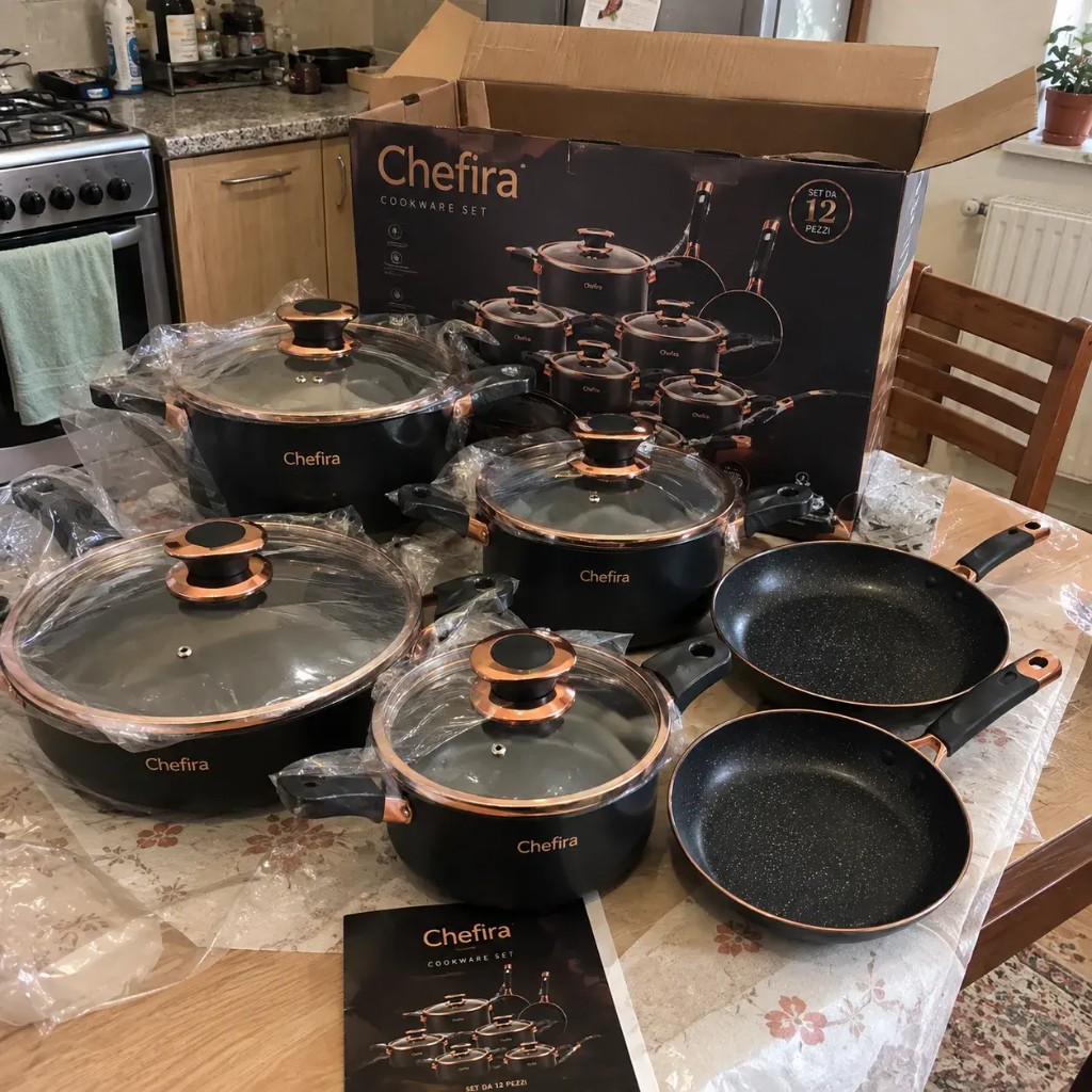 Vollständiges Chefira™ 12-teiliges Titan-Set mattes schwarzes Granit