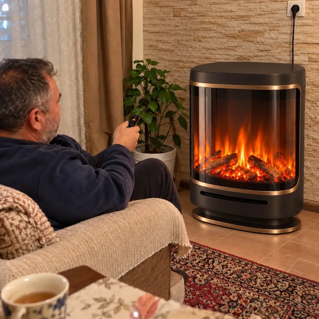 NordFlame z włączonym płomieniem LED 3D